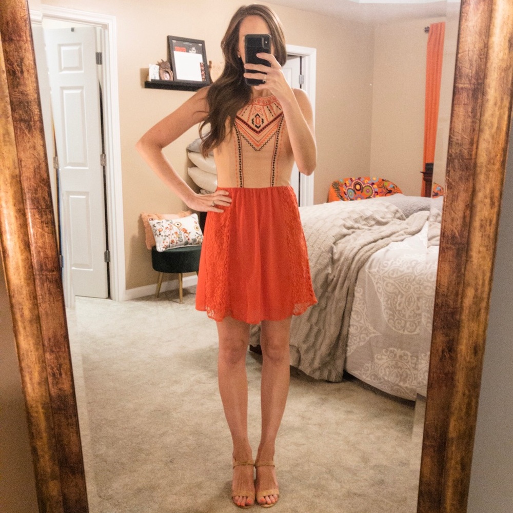 Peach&Coral Aztec Printed Fit&Flare Dress. Small.